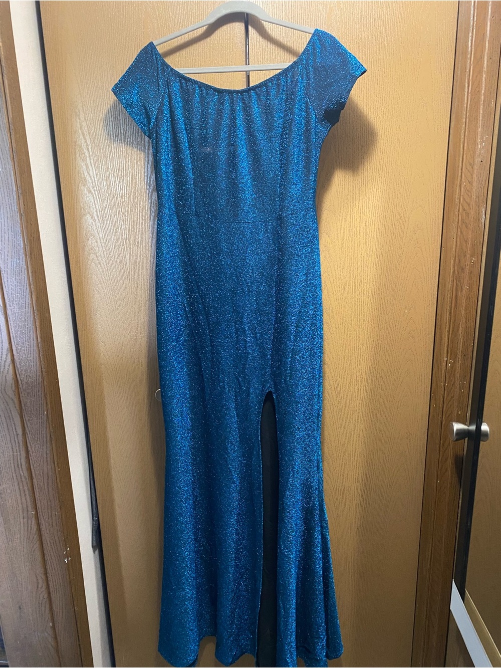Amazon Teal Sparkle Off-Shoulder Prom Gown